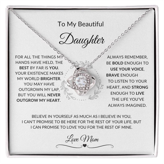 To My Daughter Gold Necklace With Mommy Message, Birthday Anniversary Daughter From Mom, Meaningful Daughter, White Love Knot Necklace