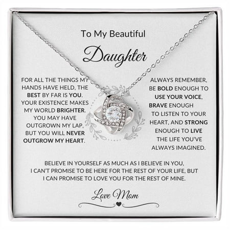To My Daughter Gold Necklace With Mommy Message, Birthday Anniversary Daughter From Mom, Meaningful Daughter, White Love Knot Necklace
