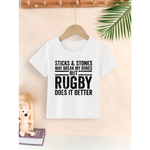 Rugby T-shirt - Youngsters' Rugby Graphic Tee - "Sticks & Stones May Break My But Rugby Does It Better" Print, White Crew Neck Short Sleeve Shirt, Perfect for Summer Play & Casual W