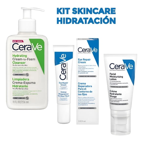 Kit Cerave Hidratante: Limpiador Facial y Corporal, Loción Facial y Crema Contorno Ojos 236ml, 52ml, 14ml - Hidratación 24h, Reduce Ojeras, Calma y Restaura Barrera Protectora Sin Fragancia.