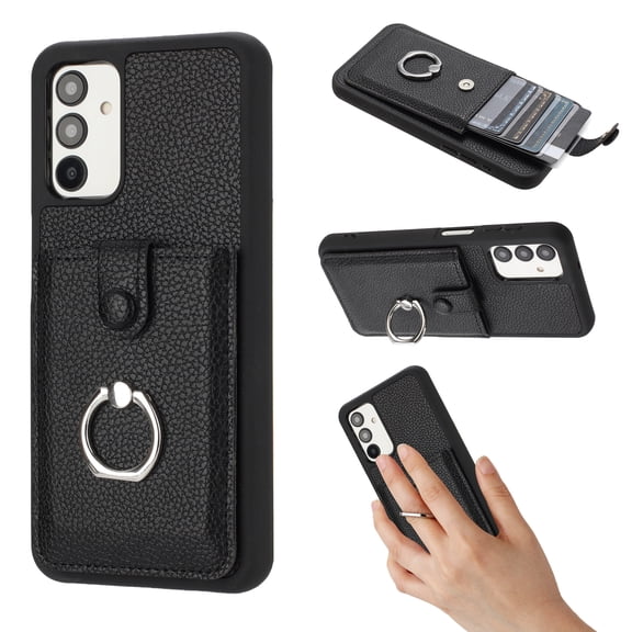 Compatible with Samsung Galaxy A13 4G Wallet Phone Case,360°Rotation Finger Ring Holder Kickstand,with Card Holder,Lychee Pattern PU Leather Durable Shockproof Rugged Phone Case,Black