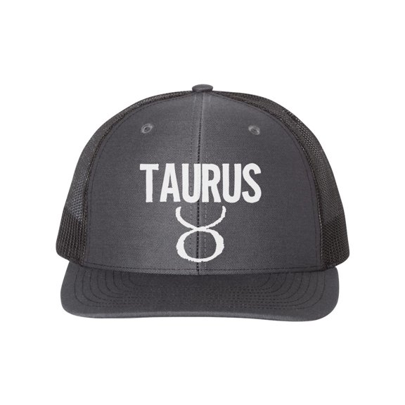 Taurus Hat, Taurus, Trucker Hat, Adjustable, 10 Different Colors!, Gift For Taurus, Horoscope Hat, Astrology Hat, Taurus Apparel, White Text, Charcoal/Black