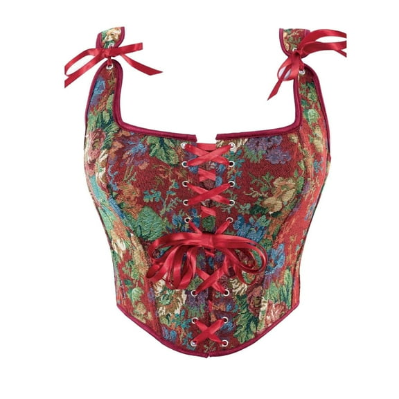 Vintage Floral Corset Tops for Women Renaissance Lace-Up Front Shoulder Bow Ties Vest Overbust Boned Bustier Bodice