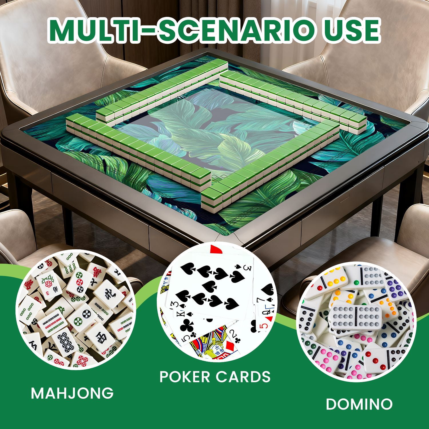 Mahjong Mat 31.5" x 31.5" turquoise green tropical leaves Seamless graphic design Non-Slip Noise Reduction American Mahjong Tiles Table Cover for Dominoes Poker Card Board Games Gift