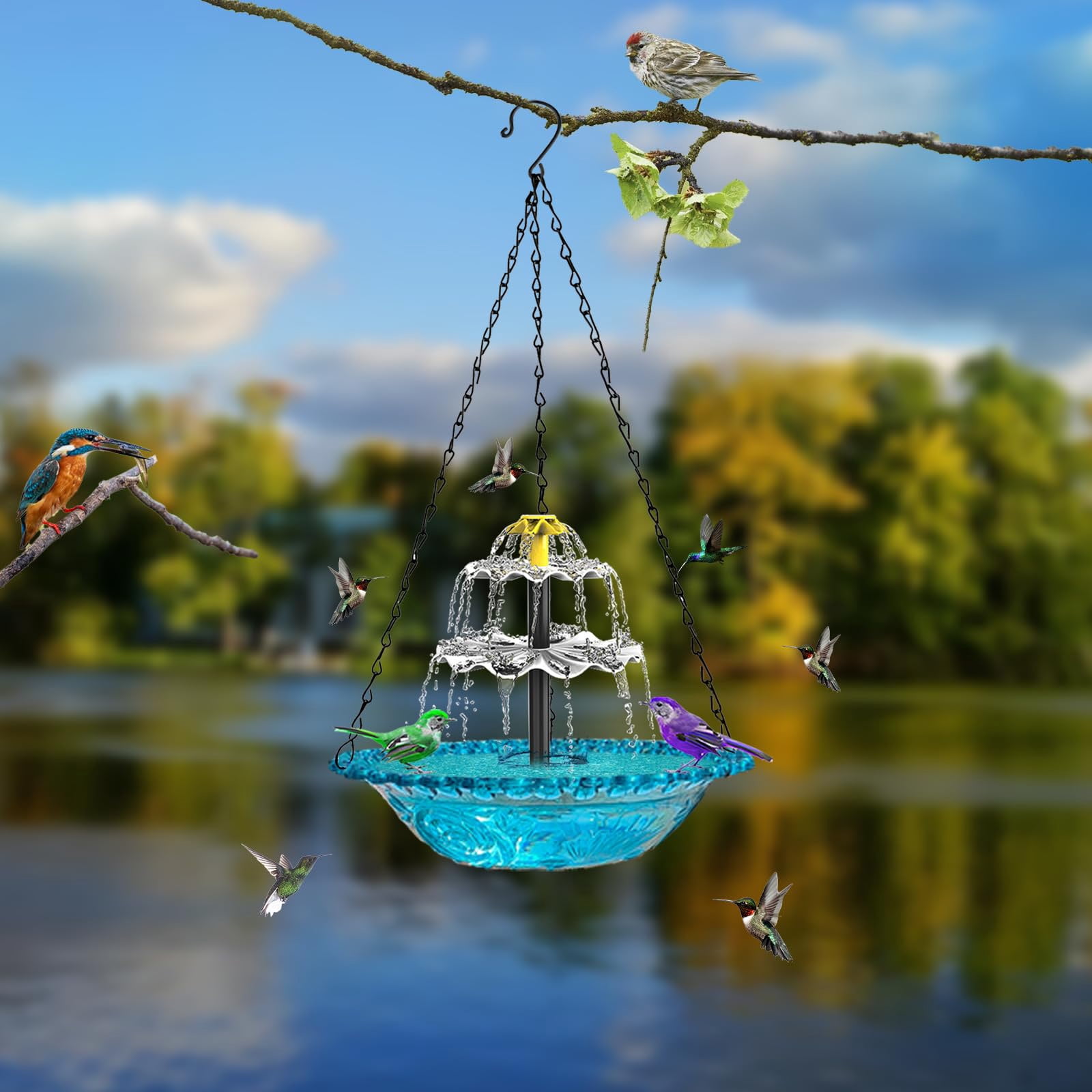 Solar Cascade Hanging Bird Bath Fountain, Outdoor Hanging Bird Bath with Solars Pump & Water Bowl, Hummingbird Feeders for Outdoors Garden Yard Patio Decoration