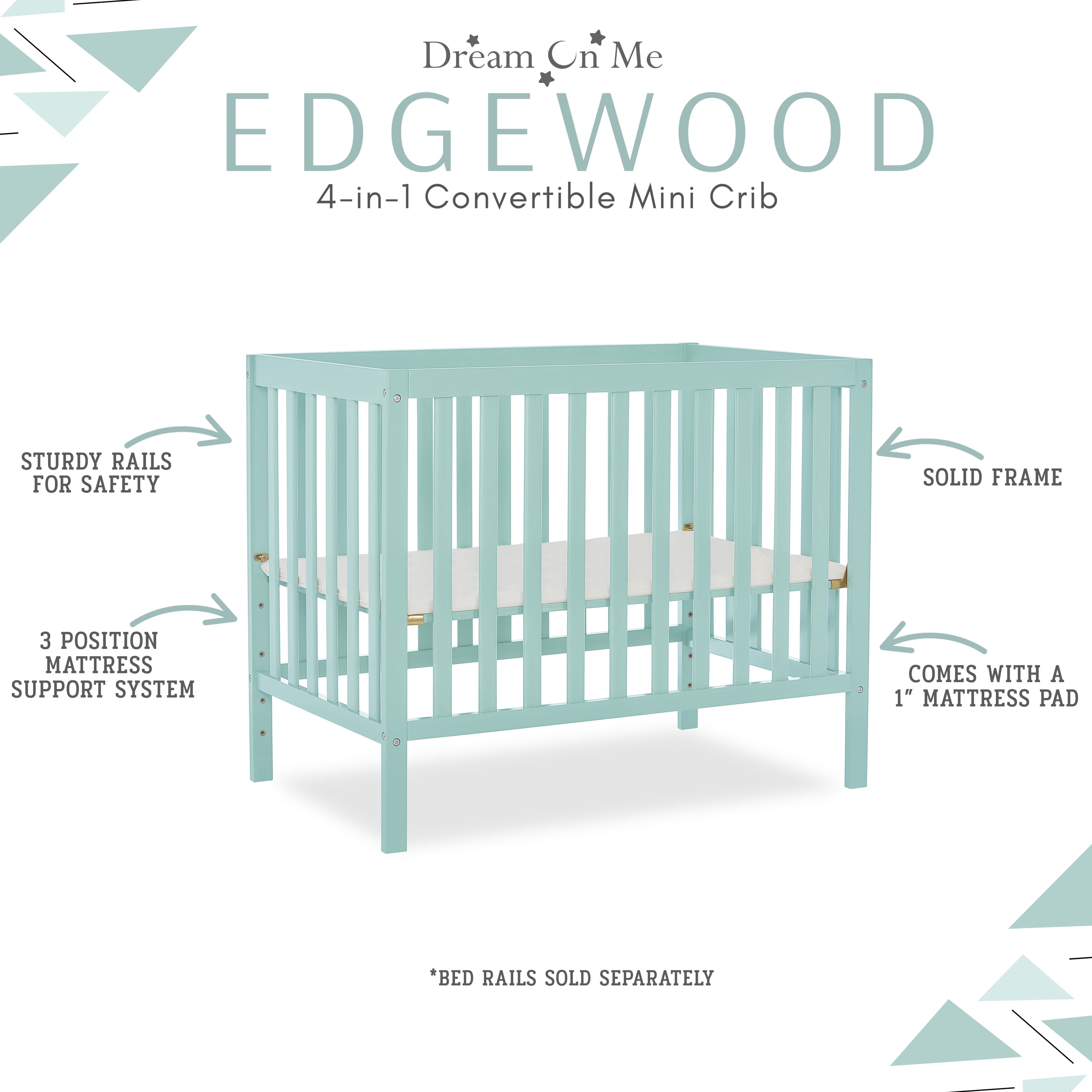 Dream On Me Edgewood 4-In-1 Convertible Mini Crib In Mint