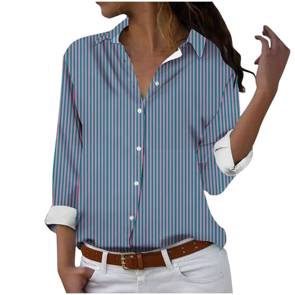 Utoimkio Women's Striped Button Down Shirts Classic Fit Long Sleeve Collared Office Work Blouses Tops for Women