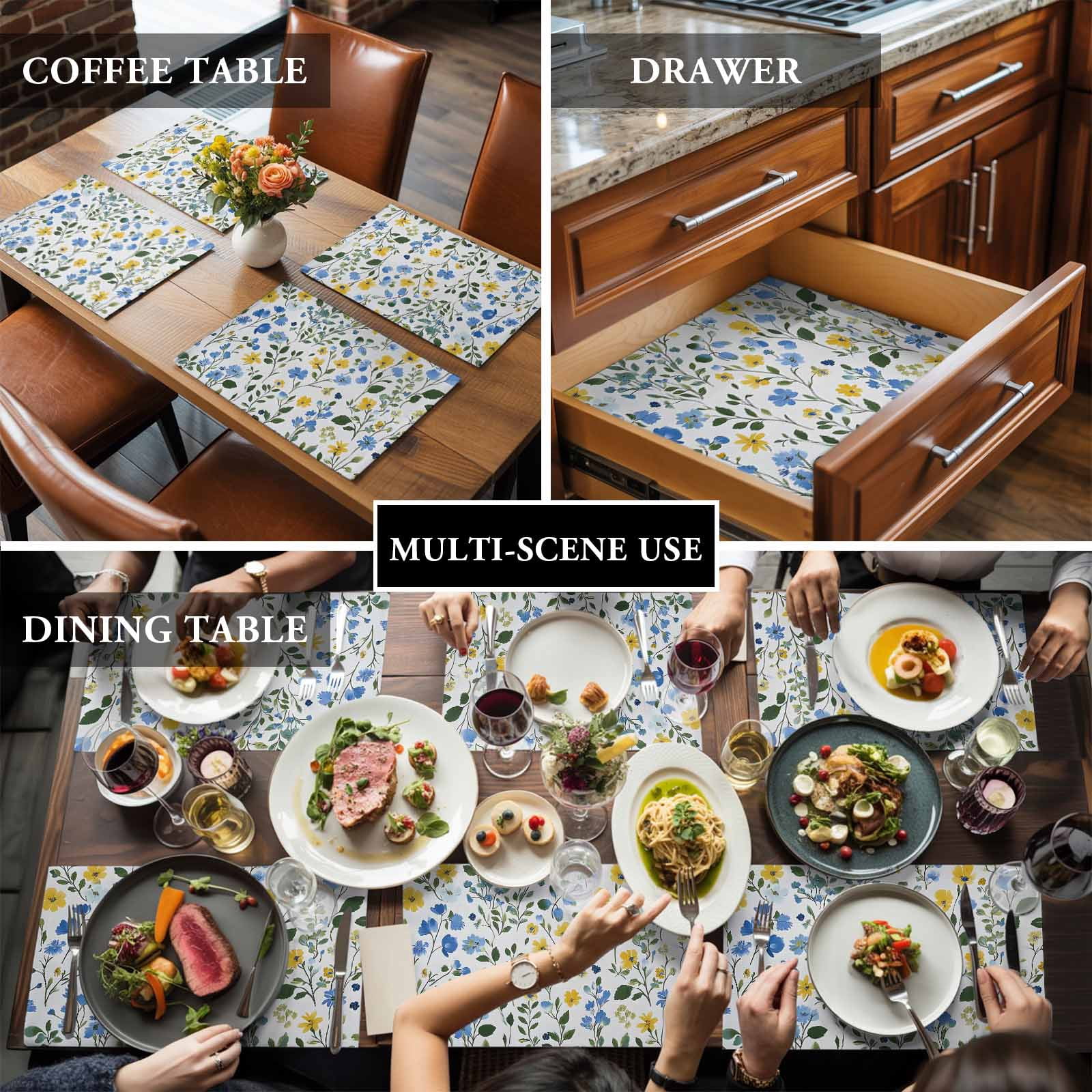 Placemat Set of 6 Yellow Blue Floral Leaf Placemats for Dining Table Wildflowers Plant Washable Table Mats for Kitchen and Party Decor Indoor & Outdoor Use