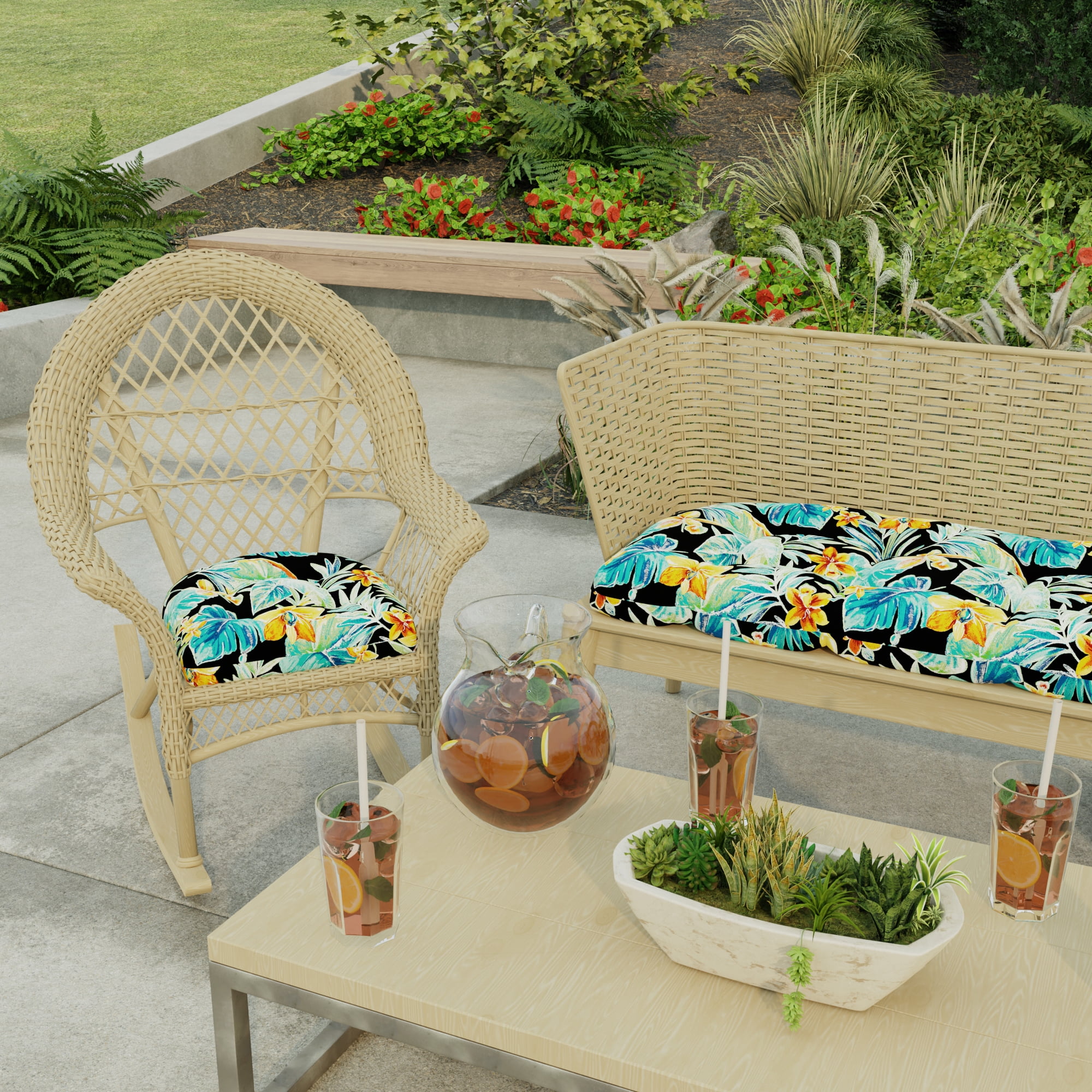 Jordan Manufacturing 19" x 19" Beachcrest Caviar Black Floral Square Tufted Contoured Outdoor Wicker Seat Cushion (2 Pack)