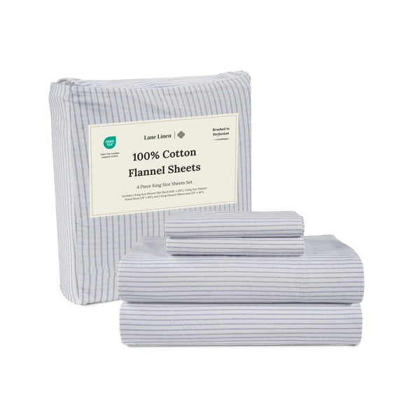 LANE LINEN Cotton Flannel Bed Sheets King Size - Brushed for Extra Softness - Lightweight King Size 100% Cotton Sheets Set - Warm & Cozy Flannel Cotton King Sheets Deep Pocket - Ticking Stripe