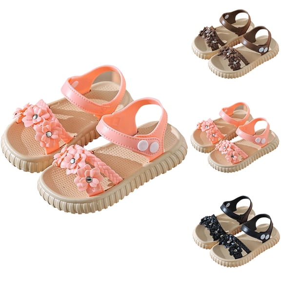 Viluyesy Girls' Adjustable Strap Sandals for Kids Non-Slip Summer Water Sandals with 3D Floral Design, Stylish Princess-Style Outdoor Footwear Black Size 12
