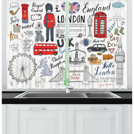 Doodle Curtains 2 Panels Set, I Love London Double Decker Bus Telephone Booth Cab Crown of United Kingdom Big Ben, Window Drapes for Living Room Bedroom, 55W X 39L Inches, Multicolor, by (Kingdom Hearts 358 2 Days Best Panel Setup)