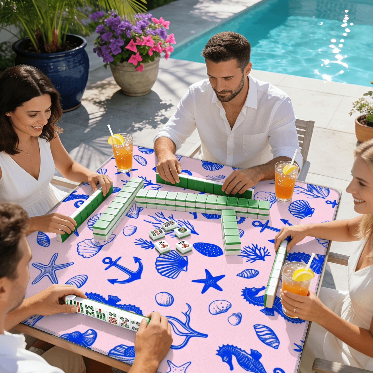 Mahjong Mat 31.5" x 31.5" Blue Ocean Theme Seahorses Starfish Anchors Shells Pink Non-Slip Noise Reduction American Mahjong Tiles Table Cover for Dominoes Poker Card Board Games Gift