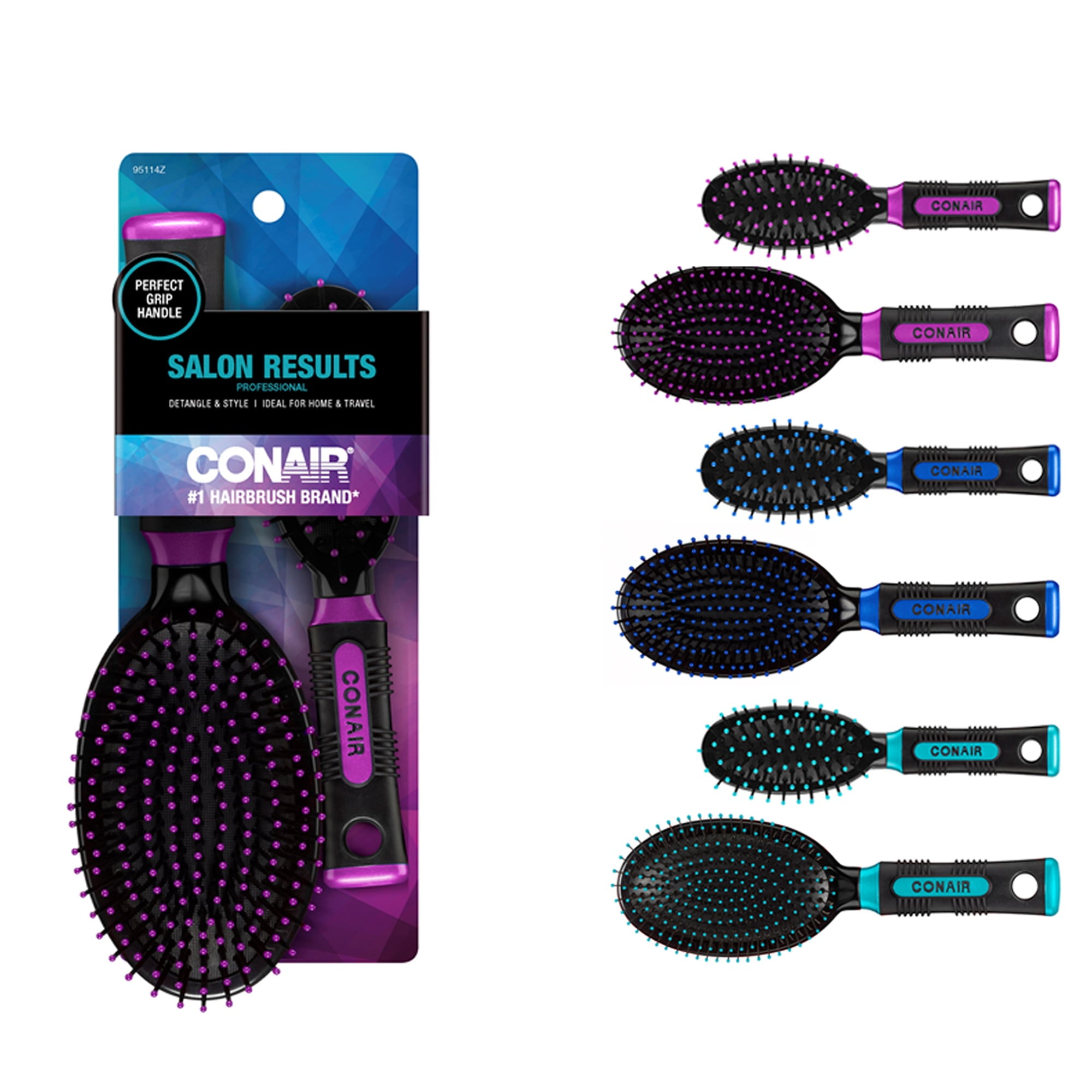 Conair Professional Nylon Bristle Cushion Hairbrush 2-Piece Set with Rubber-Grip Handles, Colors Vary, 2ct (1 Compact for Travel and 1 Full-Sized)