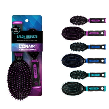 Conair Professional Nylon Bristle Cushion Hairbrush 2-Piece Set with Rubber-Grip Handles, Colors Vary, 2ct (1 Compact for Travel and 1 Full-Sized)