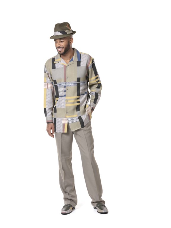 Olive 2 Piece Print Walking Suit Long Sleeve Shirt Men's Leisure Suit 1819