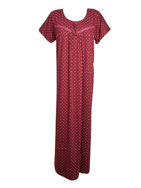 Mogul Women Maxi Dress, Maroon Polka Dot Print, Cap Sleeves, Night Wear Sleepwear Beach Housedress XL