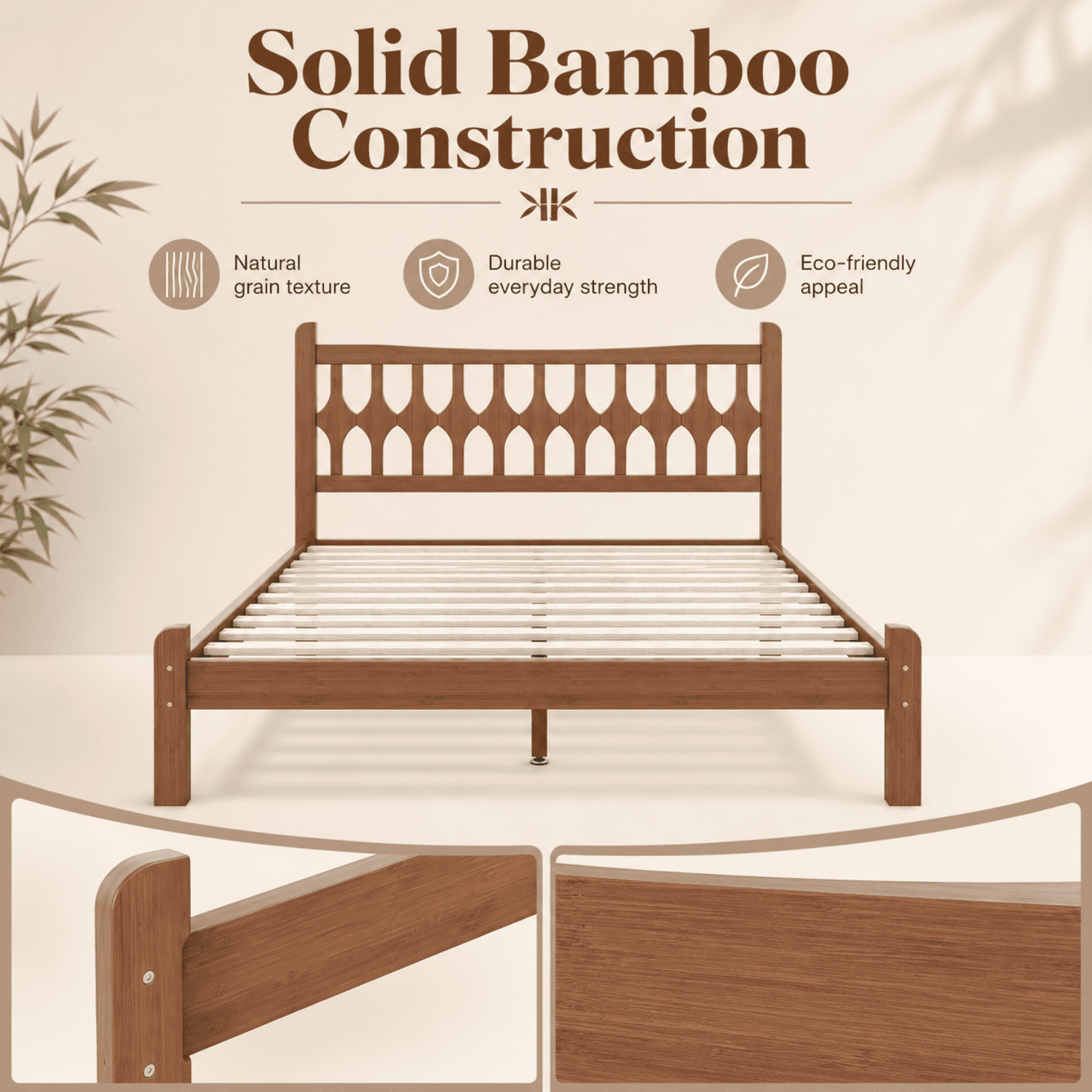 Miniyam Full Size Bamboo Platform Bed Frame with Geometric Headboard, Brown