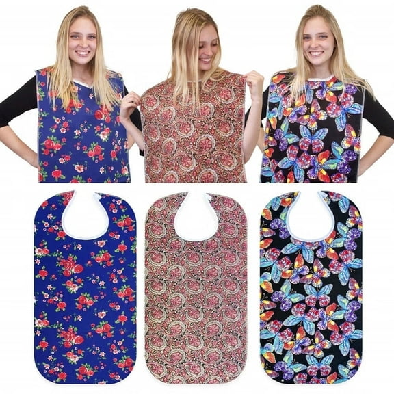 3 Pack Adult Bib Washable Reusable Waterproof Clothing Protector with Optional Crumb Catcher and Vinyl Backing