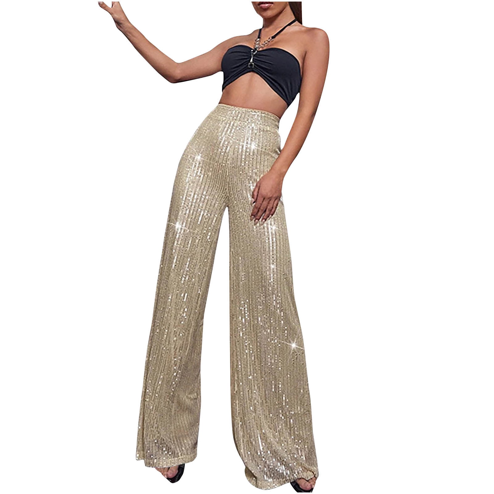 Besolor Women's Sequins Pants Trendy High Waisted Sparkly Wide Leg