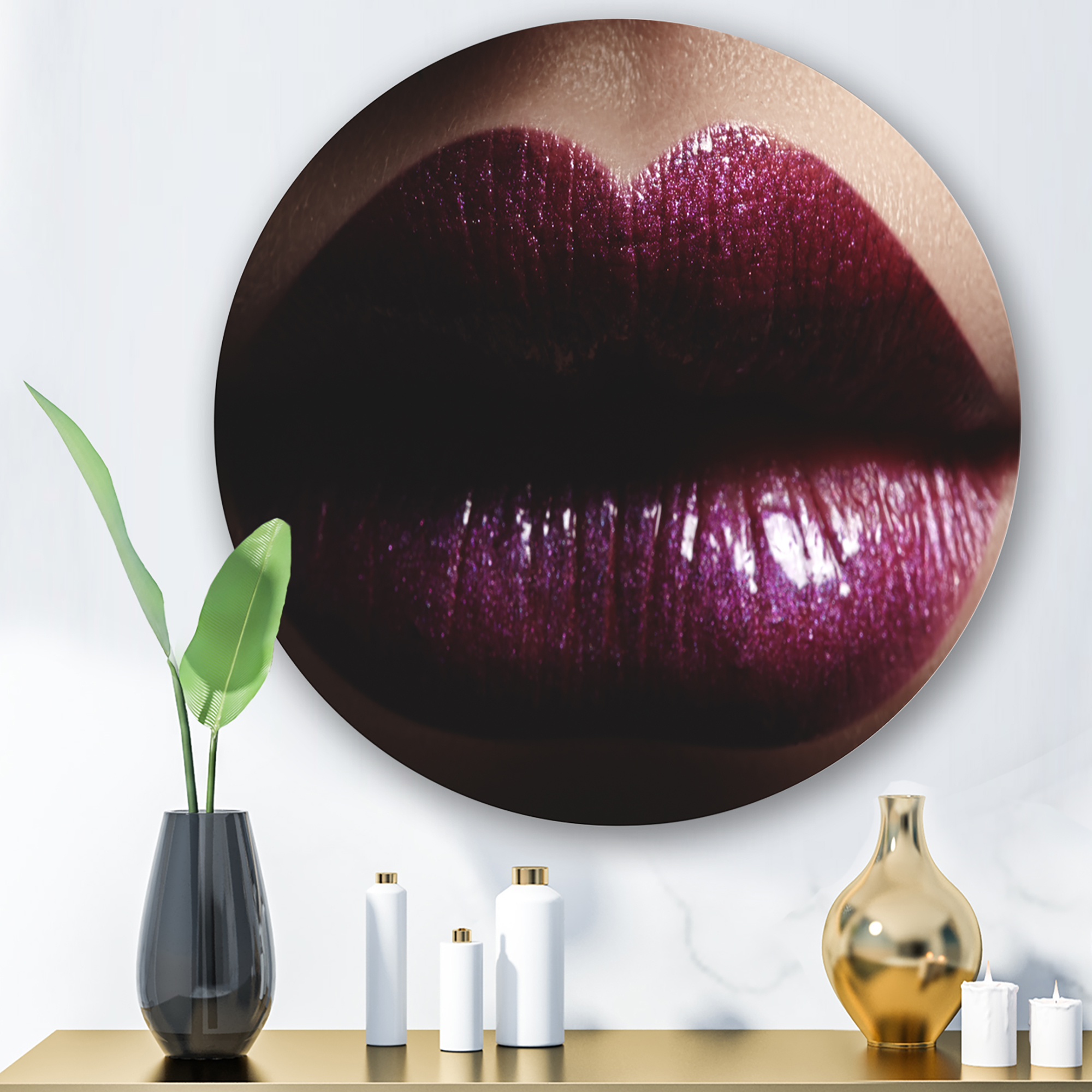 Designart 'Close-Up Of Woman Plump Lips With Glitter' Modern Circle Metal Wall Art 11x11 - Disc of 11