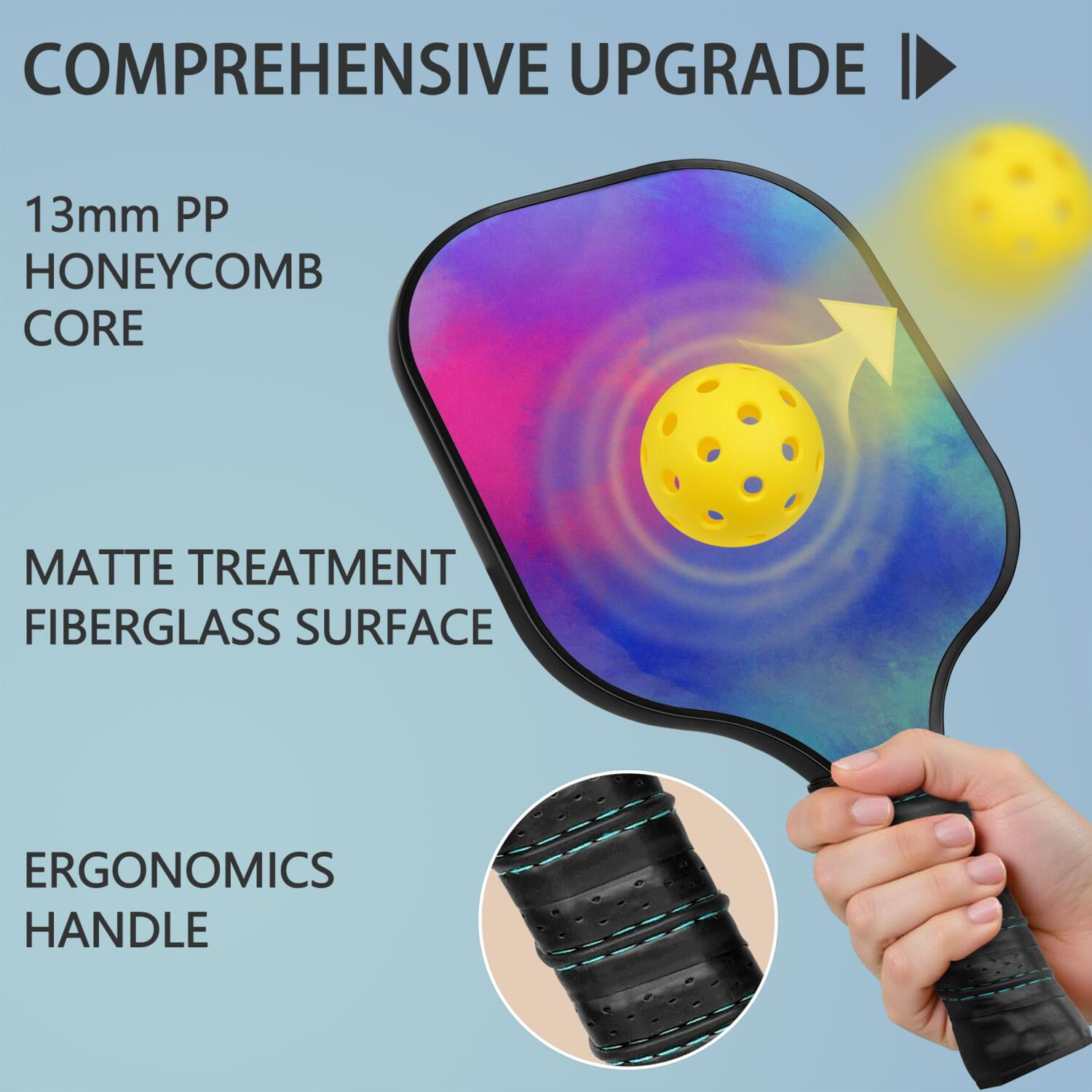 Pickleball Paddles Set Of 2, Fiberglass Surface, Fluid Smoke Aurora Art Style, 4 Balls & Bag
