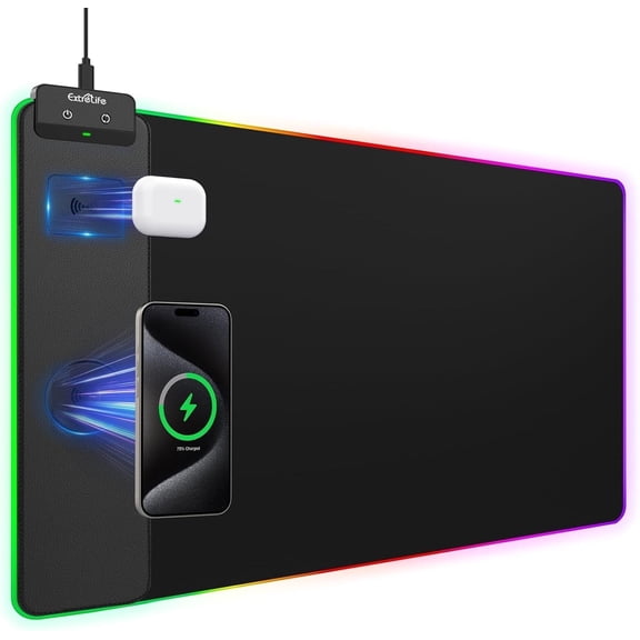 ExtreLife RGB Gaming Mouse Pad Magnetic Wireless Charging, LED Large Desk Mat with Ultra-Smooth Surface, Non-Slip Rubber Base, Waterproof Keyboard Pad