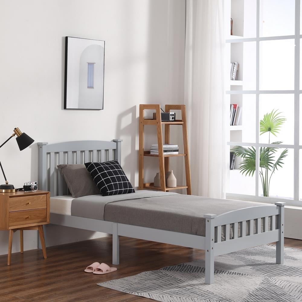 Ktaxon Twin Bed Frame,Solid Pine Wood Twin Platform Bed Frame, Bedroom Twin Bed with Headboard for Adults, Gray