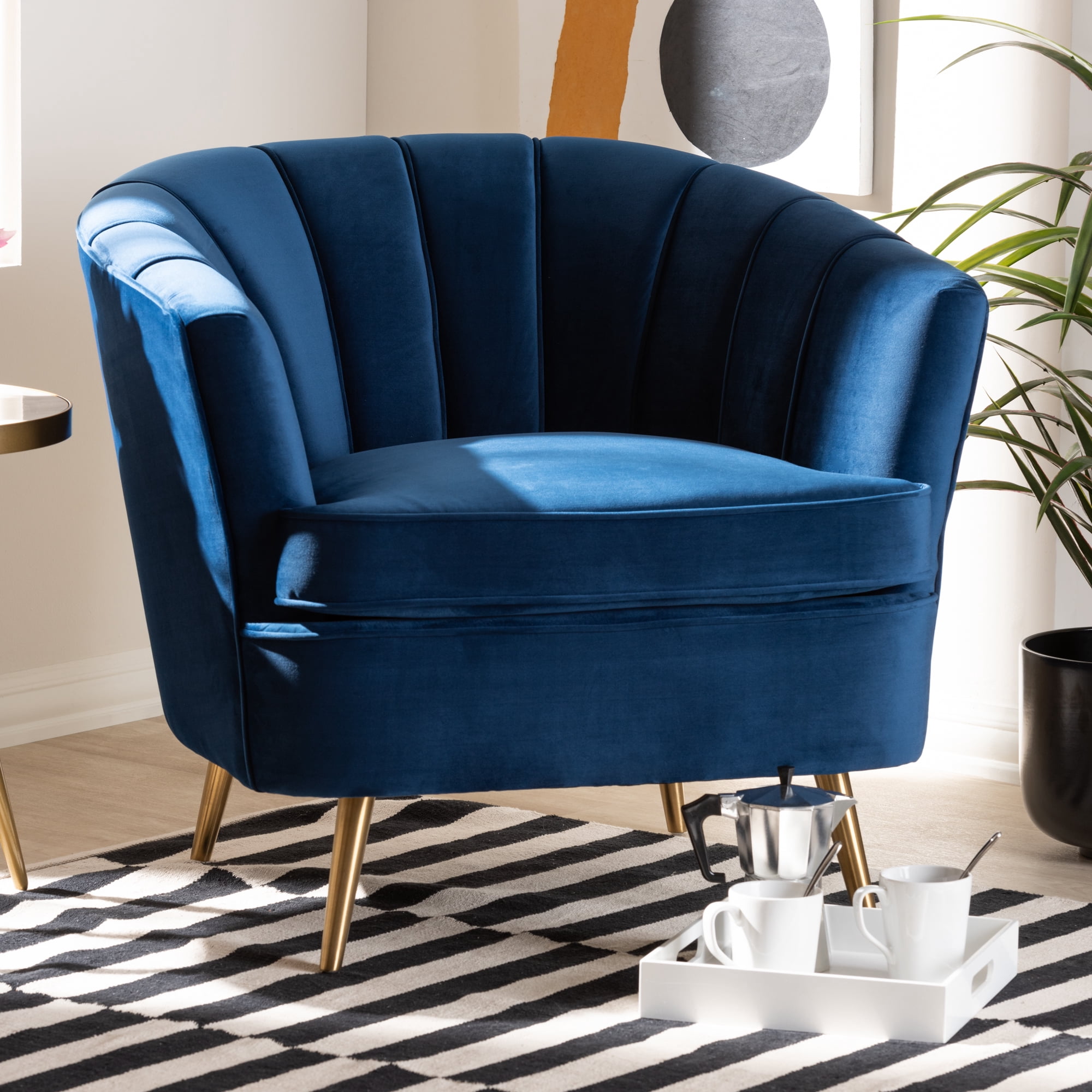 Baxton Studio Emeline Glam and Luxe Navy Blue Velvet Fabric Upholstered Brushed Gold Finished Accent Chair