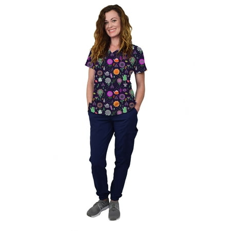 

Womens Medical Nursing Scrub Set GT 4FLEX Print Top and Jogger Pant-Rustic Flowers/Navy Pant-Small