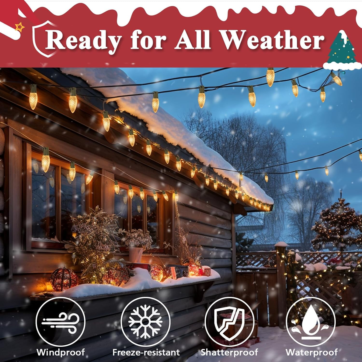 Nordic Hygge 100FT 50 LED Indoor Outdoor Christmas String Light for House Roof Patio Tree, Warm White