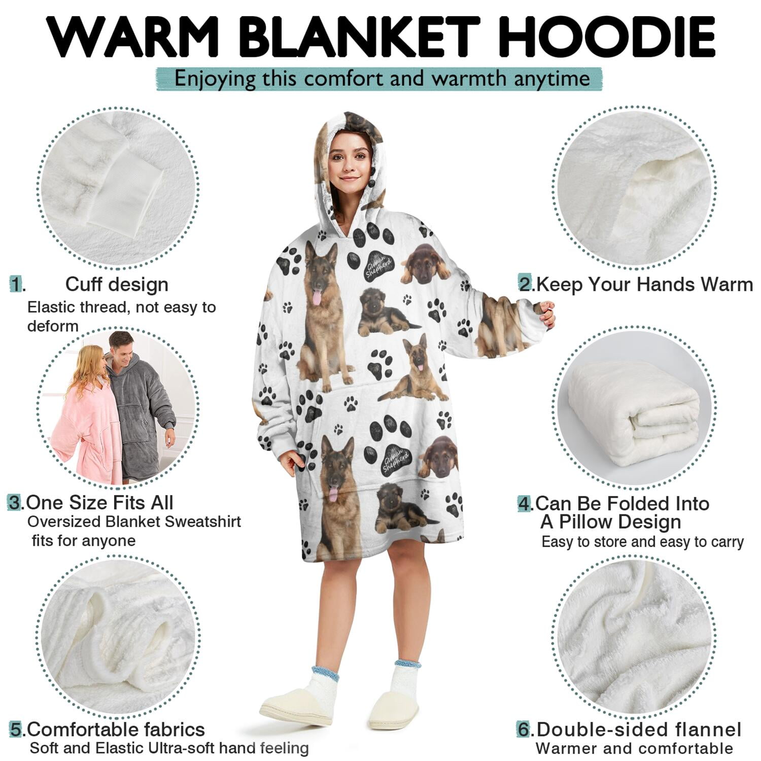 German Shepherd Dog and Footprint Wearable Oversized Blanket,Wearable Blanket Hoodie for Adults,Cozy Hooded Blankets with Super Pockets,Super Warm Fuzzy Pullover for Women & Men