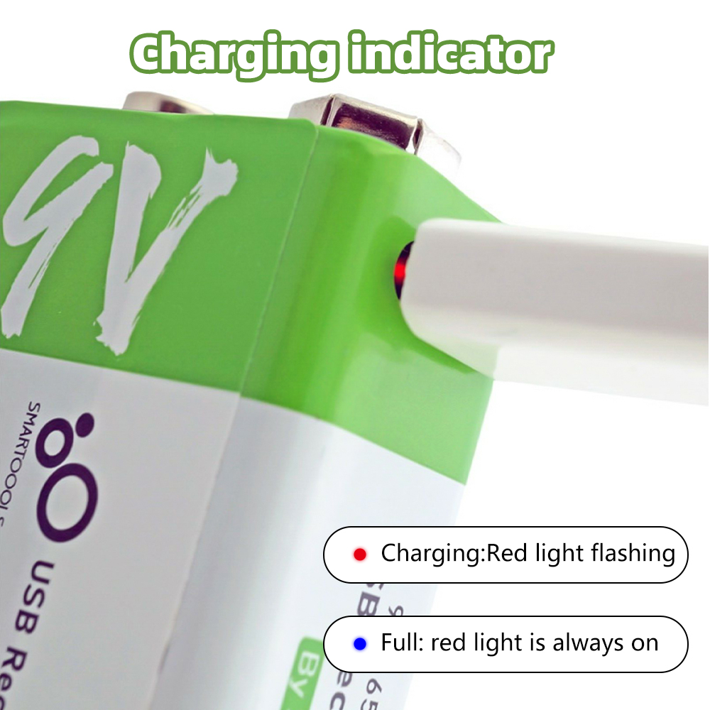 USB 9V Rechargeable Battery 650 mAh Capacity,Square Lithium 9 Vlot Batteries with Type C Port Cable 2 Pack