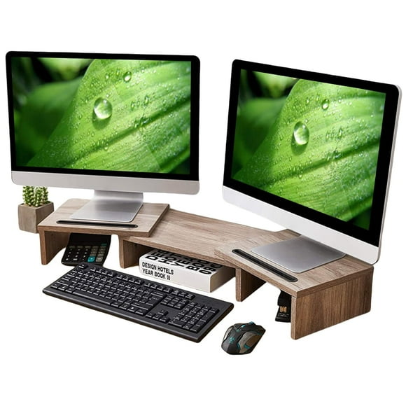 Dual MDual Monitor Stand Riser Adjustable Length Swivel Angle W/Slot(Oak Grain)