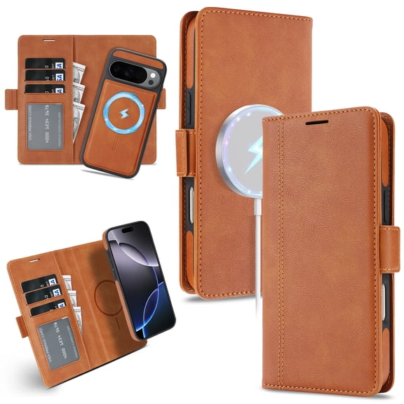 ELEHOLD Wallet Magnetic Case For Google Pixel 10 Pro XL Detachable Back, Compatible with Mag-safe, 2 in 1 Shockproof Soft PU Leather Flip Card Slot Magnetic Case ,Brown