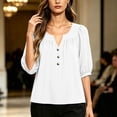thumbnail image 3 of Lenpel Womens Dressy Casual Blouses V Neck Balloon 3/4 Length Sleeve Tops Fashion Button Front Loose Fit Shirts, 3 of 6