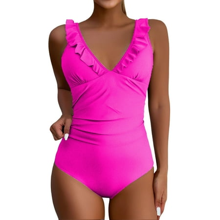 Biziza One Piece Swimsuit for Women Padded Pink Ruffled with Built in Bra 2025 Basic Trendy Solid Color Tummy Control Swimsuits Ruffle Mock Turtleneck Spandex Bathing Suits