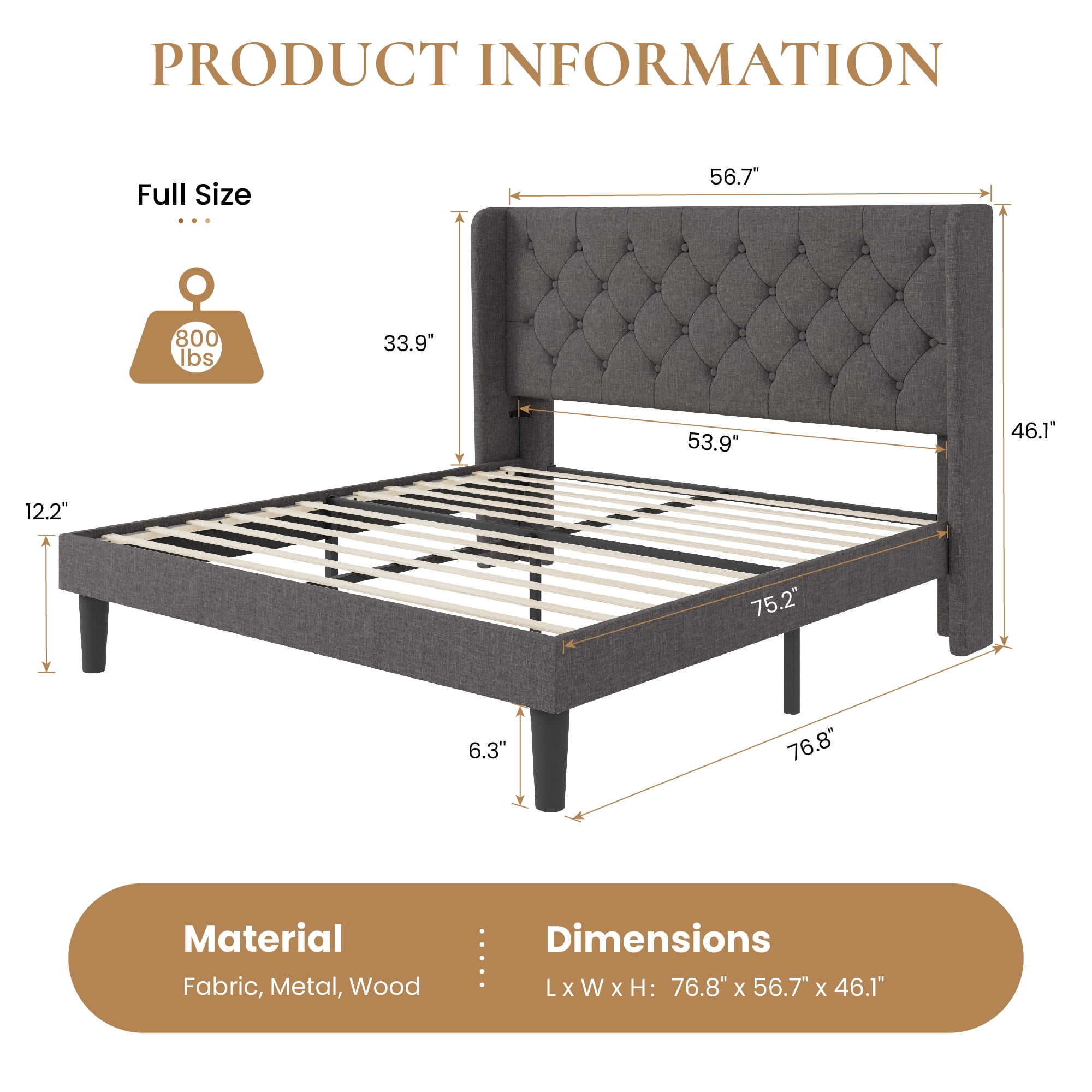SHA CERLIN Full Size Platform Bed Frame with Fabric Wingback&Tufted Upholstered Headboard, Light Grey