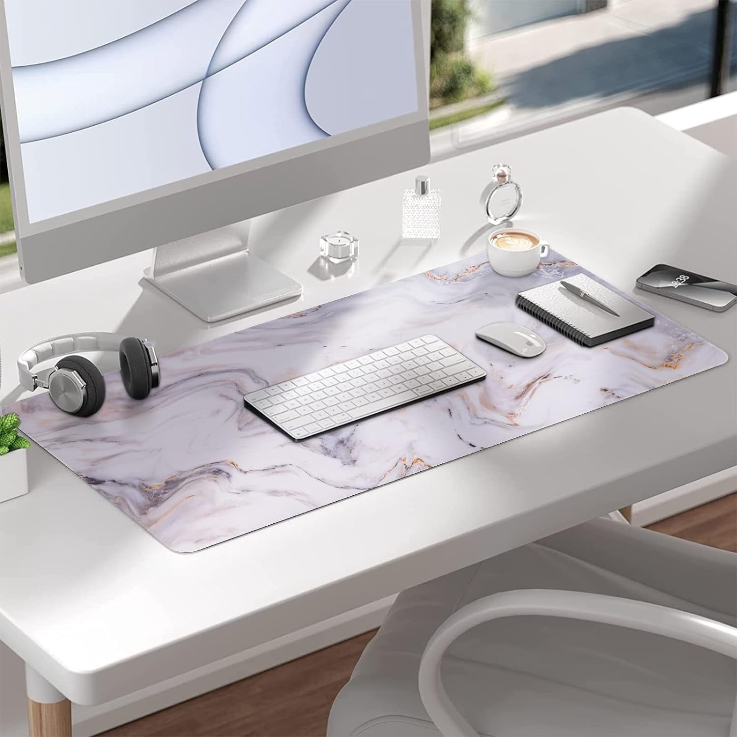 Desk Mat, Gaming Mouse Pad Large (35.4" x 15.7" inch), XXL Keyboard Pad with Stitched Edges, Non Slip Rubber Base, Waterproof Computer Desk Pad for Office, Home, Men(Platinum Marble)