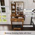 thumbnail image 5 of Teqhome Lighted Mirror Power Station Makeup Vanity Desk Set with 3 Drawers 3 Open Shelves 3 Cubbies Stool for Bedroom Dressing Room (Brown), 5 of 14