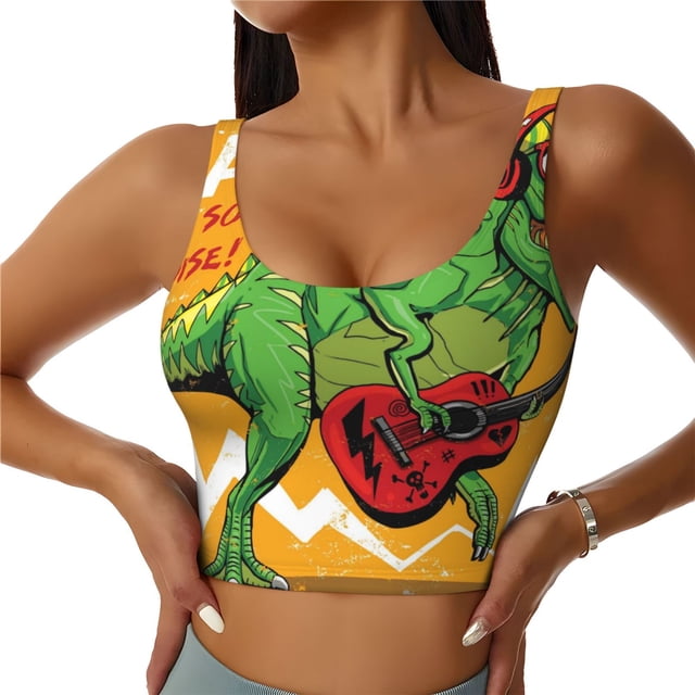 Fotbe Cool Dinosaur Playing Guitar Sujetador Deportivo Largo sin Aros para Mujer con Almohadillas y Soporte Medio, Transpirable y Absorbente, Camiseta Tipo Chaleco o Tank Top-Small