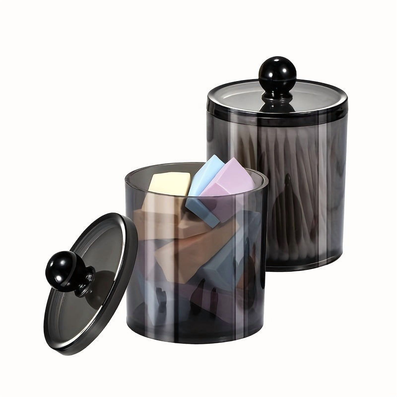 4 Pack of 12 Oz. Dispenser Apothecary Jars Bathroom with Labels - Holder Storage Canister Clear Plastic Acrylic Jar for Ball,Cotton Swab,Cotton Rounds,Floss Picks, Hair Clips (Black)