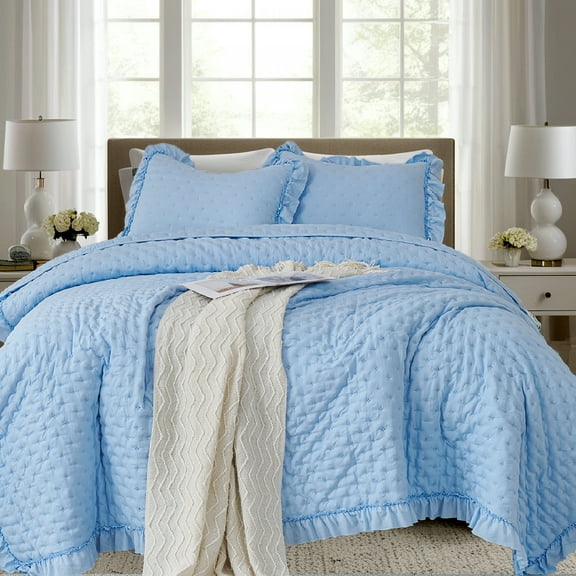Evenhug 3-Piece Queen Quilt Set Soft Ruffled Bedding Set Lightweight Microfiber Ultrasonic Bedspread With Shams Suitable All Season(Blue,92"x96")