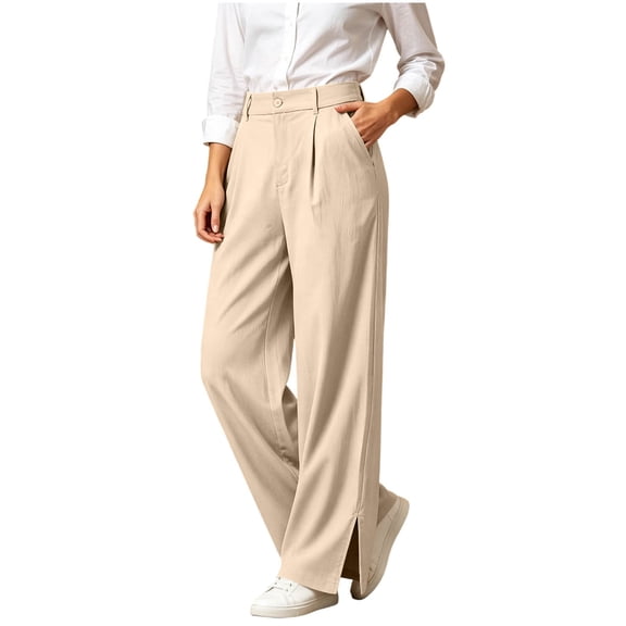 cocolona Womens High Waist Dress Pants Elastic Waist Straight Splited Wide Leg Business Casual Work Pants with Pockets