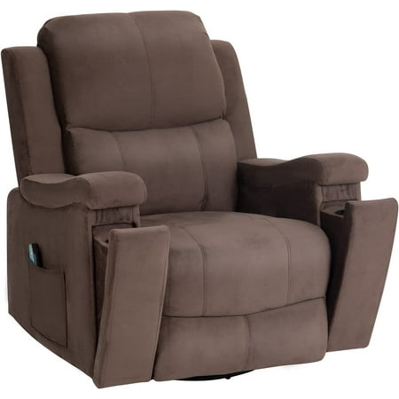 BestMassage Massage Recliner Chair Rocking Swivel Chair with Heated Massage Ergonomic Lounge 360 Degree Swivel Single Sofa Seat and Two Hidden Cup Holders (Fabric, Brown)
