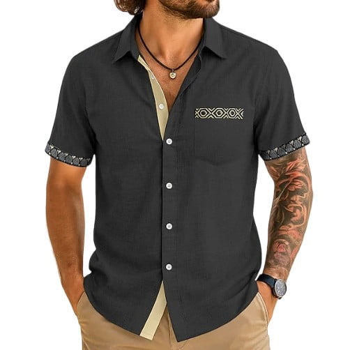 Camisas de Verano Casuales de los Hombres Impresas Camisa de Manga Corta Parchada para Hombres, Contraste Cuello Botón Arriba con Bolsillo de Pecho