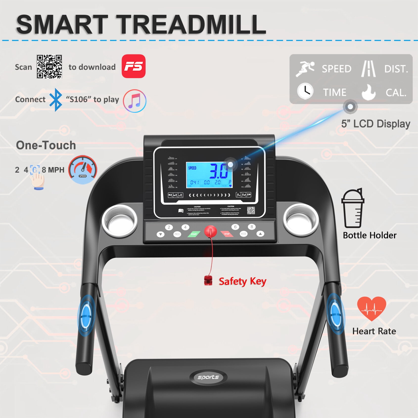 Home Foldable Treadmill with Fitshow APP Smart Control, 5" Color Screen Electric Treadmill with 3-level Incline, for Fitness, Black