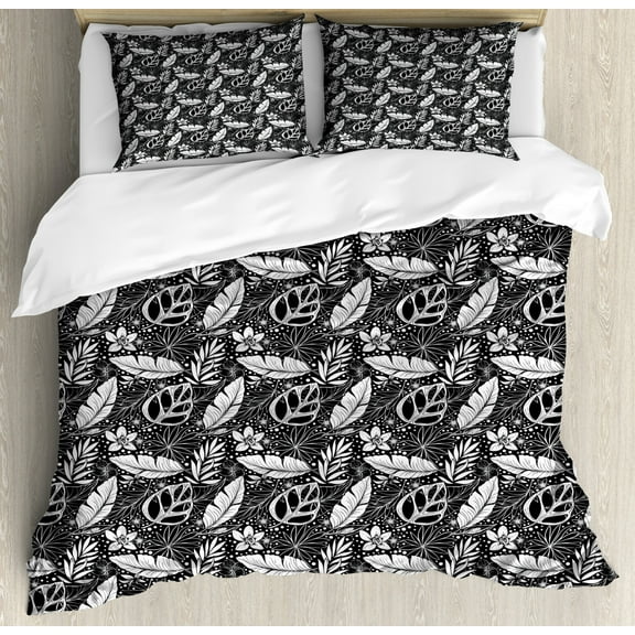 Leaves Duvet Cover Set King Size, Monochrome Style Blossoming Flowers and Dots Tropical Summer Foliage Artistic, Decorative 3 Piece Bedding Set with 2 Pillow Shams, Black White, by Ambesonne