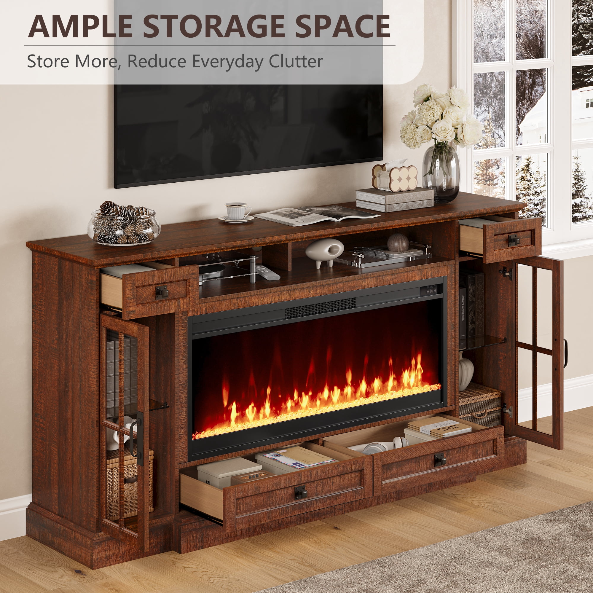 OKD TV Stand with Fireplace for 80 inch TVs, Farmhouse Entertainment Center with Storage, Reclaimed Barnwood