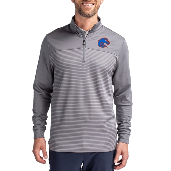 Men's-Cutter & Buck  Gray Boise State Broncos Traverse Stretch Eco Stripe DryTec Tri-Blend Quarter-Zip Pullover